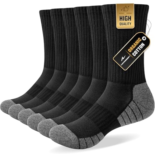 Niorasen 6 Pairs Mens Socks, Cushioned Breathable Sports Socks Outdoor Multipack, Comfortable Crew Cotton Athletic sock for Work Walking Hiking Running, Black 6-8