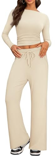 IEEILULU Due Pezzi Completi da Casual Confortevole Donna, Moda Casa Jogging Top con Maniche Lunghe e Pieghe e Laterali e Pantaloni Larghi per Casa e Viaggi (Albicocca, M)