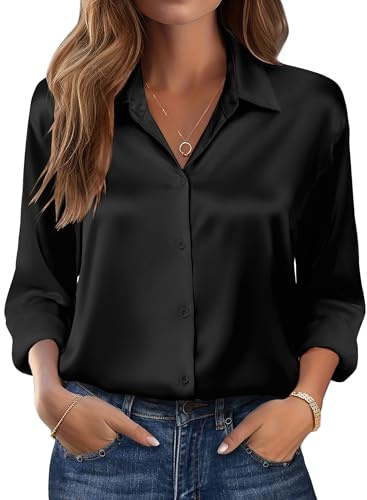 Zeagoo Satin Blouse Black Long Sleeve Shirts Silk Button Down Clothes Business Work Tops