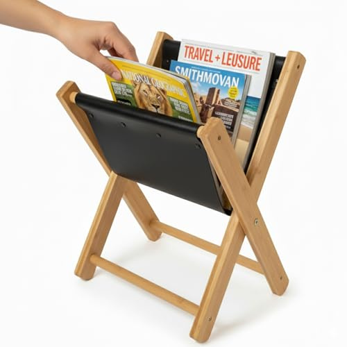 Craftilux Premium Leather Magazine Holder - Wooden Magazine Rack Floor Standing - Brochure Holder and Book Display Stand - Modern Magazine File Holder & Newspaper Rack for Home, Bathroom, Office Decor