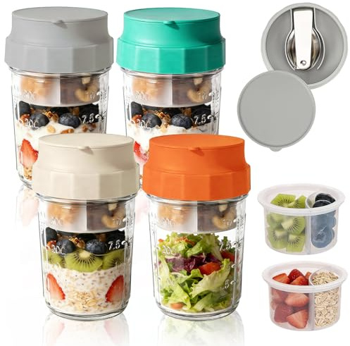 4 Pack Overnight Oats Jars, Overnight Oats Container with Lid and Folding Spoon and Divided Compartments for Fruit & Nuts,16oz Large Capacity Glass Jars with Screw lids,for Salads Cereal Milk Porridge