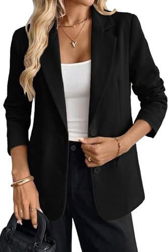 ELLEVEN Business Casual Blazer for Women, Long Sleeve Boyfriend Fit Loose Fit Work Office Suit Jacket Work Lapel Collar Open Front Blazer Suit with Pockets Black Large