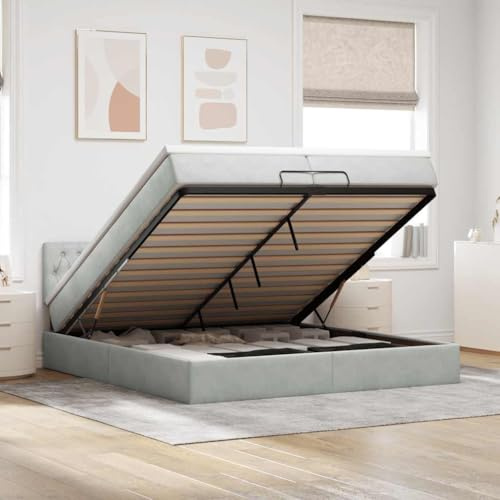 Ordellia Ottoman-säng ljusgrå, 200 x 200 cm, sammetstyg, sängram med madrasser, fjäderkärna, förvaringsutrymme och LED-belysning för sovrum
