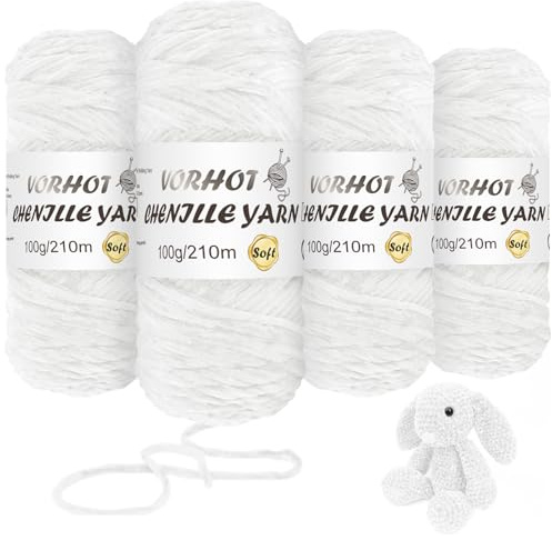 Set di 4 Rotoli di Lana Ciniglia Premium - 400g di Filato Bianco Soffice e Vellutato (3.5mm), per Realizzare Coperte, Accessori Neonato, Articoli per la Casa e Regali - Bianco