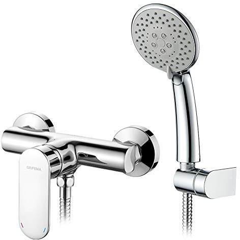 GRIFEMA BERLIN-G12004 Robinet de Douche Mural/Mitigeur Monocommande pour Douche avec Flexible, Douchette 5 Jets, Support, Chromé
