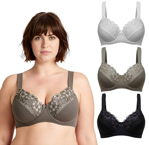 Curve Muse Reggiseni sfoderati con Ferretto Minimizer Taglie Forti con Pizzo Ricamato-Confezione da 3-Bianco, Nero, Burro di Latte-10D
