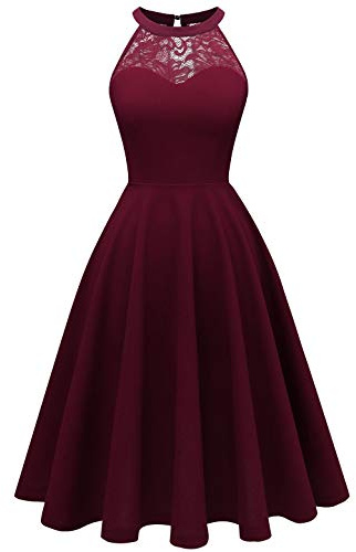 Bbonlinedress Vestidos Mujer de Cóctel Vintage Elegantes años 50 para Bodas Fiesta Bailar Cuello Halter Burgundy-1 L