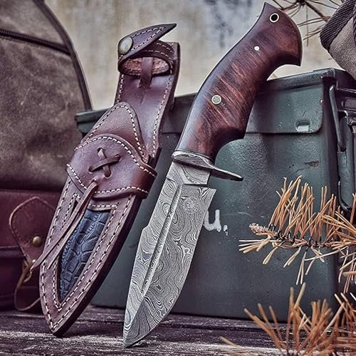 BIGCAT ROAR Beast Hunter - Couteau de Chasse Artisanal Acier Damas 25,4 cm - Manche Bois de Noyer et Étui Cuir Véritable - Bushcraft, Survie, Camping - Idée Cadeau Homme, Chasseur, Collectionneur