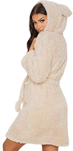 MINASAN Peignoir court à capuche pour femme - Peignoir de sauna moelleux - Vêtement de nuit en polaire - Robe de chambre avec oreilles - Avec capuche, kaki, XL