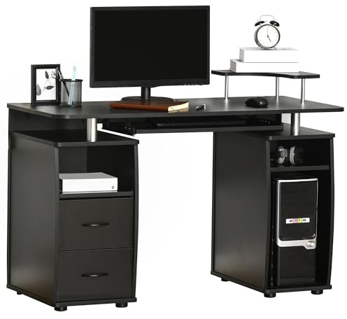 HOMCOM Computer Desk Office PC Table Workstation with Keyboard Tray, CPU Shelf, Drawers, Sliding Scanner Shelf, Black