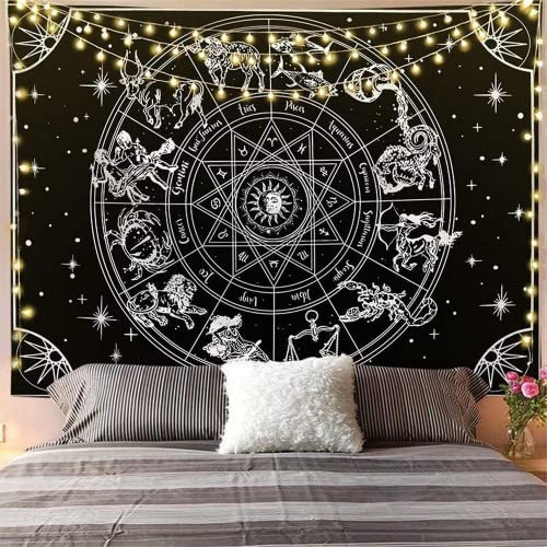 Arawat Wandteppich Sternbild Wandtuch Schwarz Weiß Wandbehang Tuch Tapisserie Gothic Wandtuch Schwarz und Weiß Wanddecke Sonne Deko Tipp Wanddeko für Schlafzimmer Wohnzimmer Wohnheim(130x150cm)