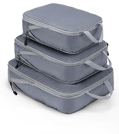 Meowoo 3-teiliges Kompressions-Packwürfel Set - Compression Packing Cubes - Wasserdichter Kofferorganizer mit Reißverschluss (XL, L, M) - Platzsparend für Handgepäck & Koffer (Grau)