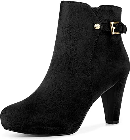 Allegra K Women's Low Platform Zip Buckle Chunky High Heel Black Ankle Booties 9.5 M US