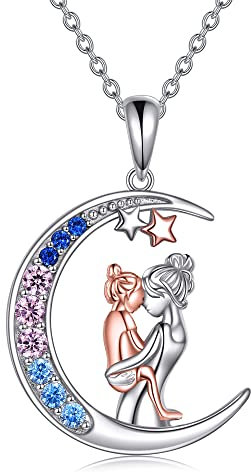 YAFEINI Geschenke für Mama 925 Sterling Silber Mutter und Tochter Mond Halskette Muttertag Kette Geburtstag Anhänger Schmuck für Mama Damen (Mond Mutter und Tochter)