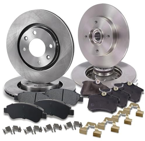 ATEC GERMANY Juego de frenos incl. discos de freno delanteros Ø 266 mm ventilados + traseros Ø 249 mm macizos + pastillas de freno Compatible con CITROËN C4, OPEL CROSSLAND, PEUGEOT 307