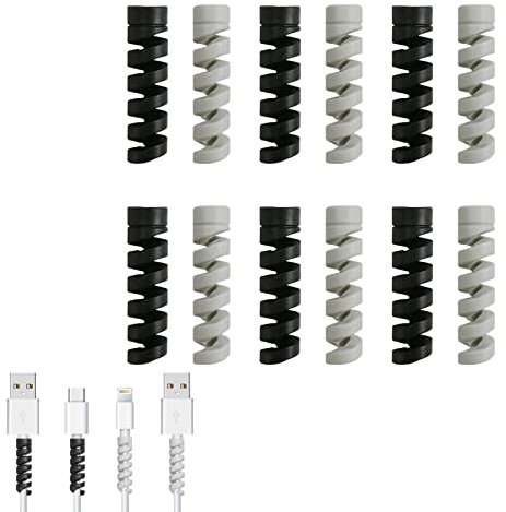 12pcs Charger Cable Saver Protectors,Flexible Silicone Micro USB Protector,Silicone Cord Saver Cable Wire Protector Flexible Spiral Cable Protector Sleeve for Phones Laptops Data Cables(black,Gray)