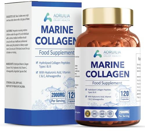 Marine Collagen Supplements for Women Men 2000mg 120 Capsules Hyaluronic Acid, Vitamin C & Ashwagandha, Hydrolysed Collagen Peptides Types I & III Collagen Complex for Skin Joints Hair