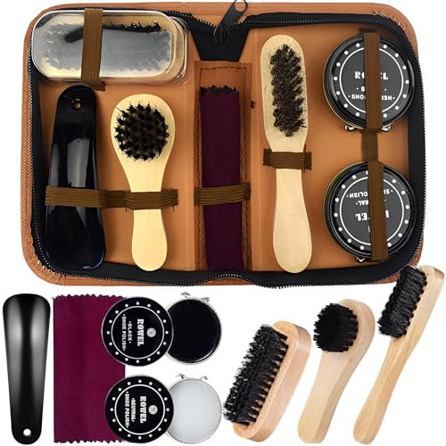 SQAQS 8PCS Shoe Polish Kit Cleaning Shine Care Barrel Set, Brown Luggage, Boot Shoe Care and Cleaning Set with Shoe Polish, Soft Horsehair Bristle Shoe Dauber, Wooden Applicator Brushes