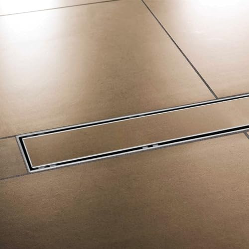 Edelstahl Duschrinne extra flach mit Ablauf & Siphon (90cm, Höhe 53mm) - waagerechter Duschablauf Komplettset befliesbar - Duschabfluss & Duschablaufrinne mit passender Dichtmanschette