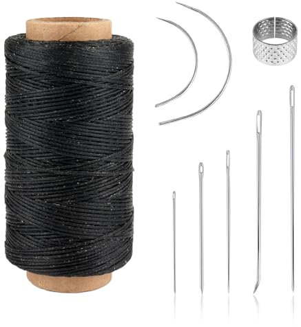 Ledergarn Ledernadel, 1 Rollen Sattlergarn Gewachst, Reißfest Wachsfaden 150m mit Sattlernadel und Fingerhut, Leder Faden für Lederhandwerk Buchbinden Nähen Reparieren Schmuck (Schwarz)
