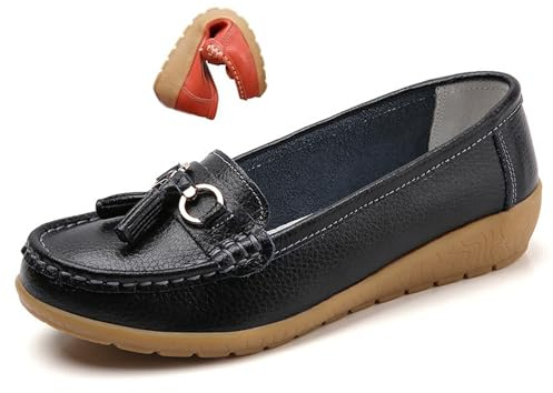 Mocasines ortopédicos de cuero para mujer, mocasines clásicos con suela de goma antideslizante, informales, de caña baja, sin cierre, para oficina, viajes, conducción, Negro , 38 EU
