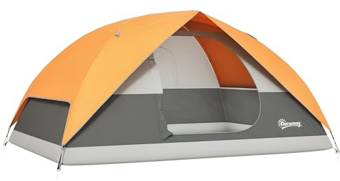 Outsunny Tenda da Campeggio Famigliare per 3 Persone, Tenda da Trekking a Cupola Impermeabile 3000mm con Porta di Ricarica, Tasche, Gancio per Lanterna e Borsa di Trasporto, Arancione e Grigio