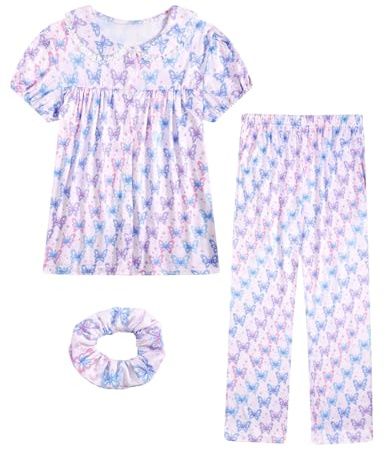 JiAmy Pyjamas Mädchen Niedliche 3 Stück Schlafanzug Set Gedruckt Pjs Button Down Schlafanzüge Nachtwäsche Loungewear-Sets für Kinder 9-10 Jahre,Violett Bogen