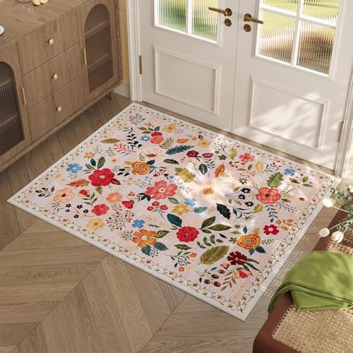 Alfombra de salón lavable, diseño vintage de flores, de pelo bajo, antideslizante, suave, grande, para salón, dormitorio, granja, comedor y habitación infantil (rosa claro, 100 x 66 cm)