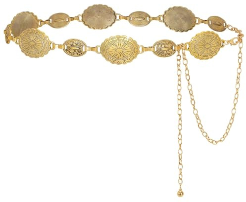RIXERKOC Cinturón de Cadena Metálica para Mujer, Cinturón Boho Concho Occidental, Ajustable Cadena de Cintura Cowgirl para Vaqueros, Vestidos, Atuendos para Conciertos Country (Oro)
