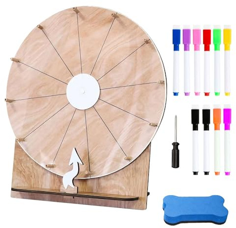 LYPPUL Roue De La Fortune, 30cm Roue de Prix en Bois, Roue de Jeu de Mariage, Roue de la Chance avec Gomme et 10 Marqueurs pour Jeux de Loterie, Jeux de Mots, Carnaval, Fête école Famille Jeux