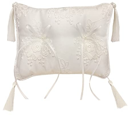 Fictory Almohada de anillo de boda, tela de satén con bordado y borlas, 15 x 20 cm, cojín blanco para decoración de ceremonias