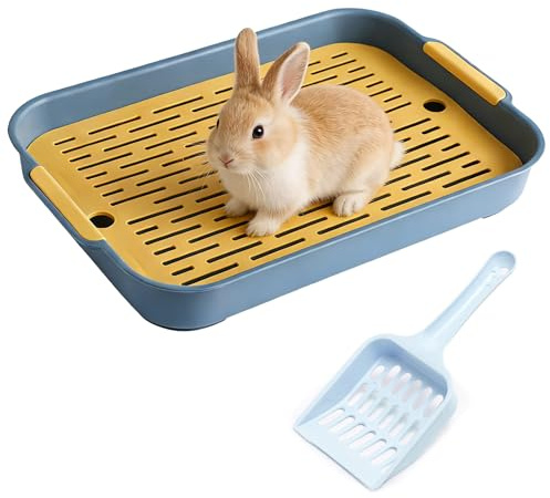 Large Rabbit Litter Tray, Rectangular Bunny Litter Box with Grid, 2 Tier Flat Rabbit Cage Toilet Tray Small Pet Litters Box Toilet Potty with Scoop for Bunny Guinea Pig Cat(Blue)