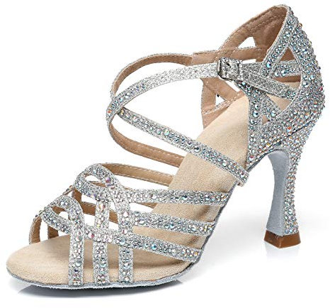 MINITOO Damen Tanzen Schuhe Tanzschuhe Latein Salsa Glitzer Sandalen L357 Silber EU 41