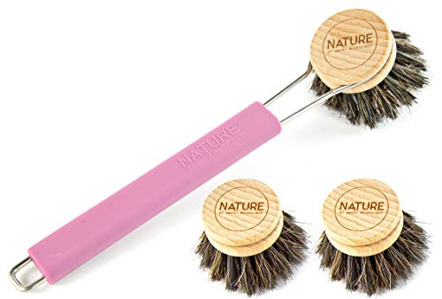 wilma nature 21238 Spülbürste mit 2 Ersatzköpfen | FSC-Holz, Silikon, Edelstahl, Rosshaar | austauschbarer Bürstenkopf Farbe: Pink, Kunststoff, Metall, Bunt, Klein