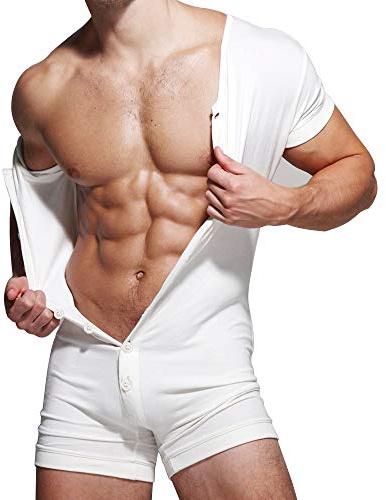Muscle Alive Uomo Tuta Intera da Maniche Corte Uomo in Tutina Henley in Cotone Elasticizzato Super Confortevole Bianca S