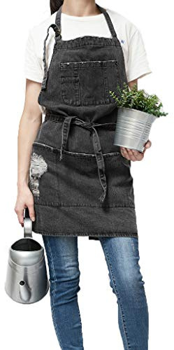 Pincy Denim Apron, Unisex Adjustable Bib Apron with Pockets for Cooking Kitchens