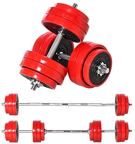HOMCOM Juego de Mancuernas 30 kg Ajustables 2 en 1 con 12 Discos 2 Barras y Biela Ajustable para Entrenamiento de Fuerza Levantamiento de Pesas Hogar Gimnasio Oficina Negro y Rojo