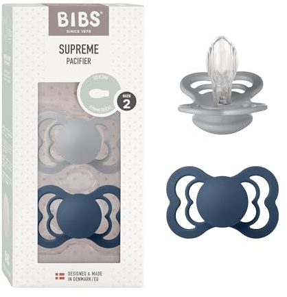 BIBS Supreme Dummies 2-Pack, BPA Free Dummy Pacifier, Silicone Symmetrical Nipple Soother, Size 2 (6-18 Months), Cloud/Steel Blue
