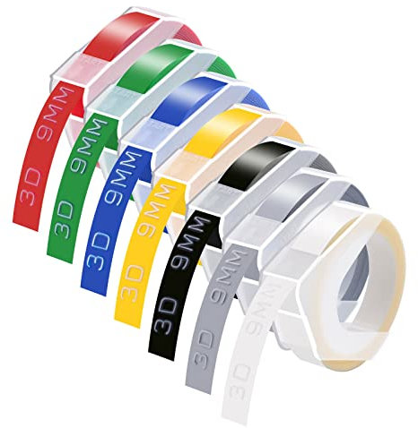 Cruxer Kompatibles 9 mm Prägeband Ersatz für Dymo 3D geprägtes Etikettenband, farbklebendes Kunststoff-Nachfüllmaterial für Dymo Omega Prägeetikettenmacher S0717930 S0717900, 7PK