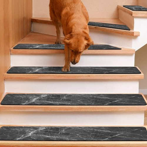 GOYLSER Tappeti per Scale - Tappeti in Gomma per gradini - Tappeto Antiscivolo per Scale - Tappeto per Scale Rettangolare per Famiglia Marmo Nero (76x20cm 15 Pezzi)