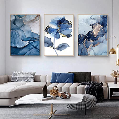 Sarah Duke 3er Poster Set, Gold Blau Luxuriöse Blumen Grafiken Wandbilder, Ohne Rahmen Leinwand Kunstposter, Stilvolle Nordic Wanddeko Bilder Wohnzimmer (40 x 50 cm)