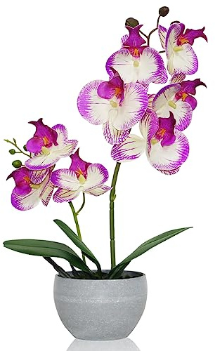Joyerace Purple Orchid Artificial Flowers 2 Stems in Grey Pot, Potted Faux Orchid Flower for Home Bathroom Table Living Room Office Kitchen Decor