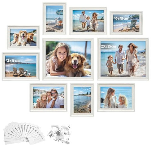 SONGMICS Bilderrahmen 10er Set, 16 Passepartouts, zwei 20 x 25 cm, vier 13 x 18 cm, vier 10 x 15 cm, aufhängen, aufstellen, Glas, 12 spurlose Wandhaken, wolkenweiß RPF049W01V1