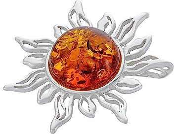 AMBEDORA Damen Silber Brosche Sonne mit Bernstein, Poliertes Sterling Silber, Baltischer Bernstein in Cognac Farbe