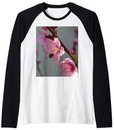 Honey Bee Feeding on Peach Tree Blossom Raglan Baseball Tee