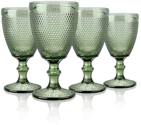 Joeyan Set de 4 Copas de Vino Verde, 300ml Vintage Taza de Vidrio con Relieve, Vasos Retro con Pie,Vajillas de Colores,Cristaleria para Bar Restaurante en Casa, Apto para Lavavajillas