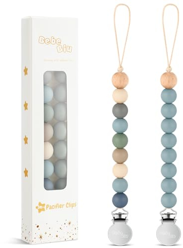 BebeBiu 2 Pack Pacifier Clips, Silicone Pacifier Clip for Baby Boys and Girls, Baby Pacifier Strap with Silicone Beads, Soother Dummy Holder, Pacifier Holder, Keeps Pacifier Clean (Wilderness/Ether)