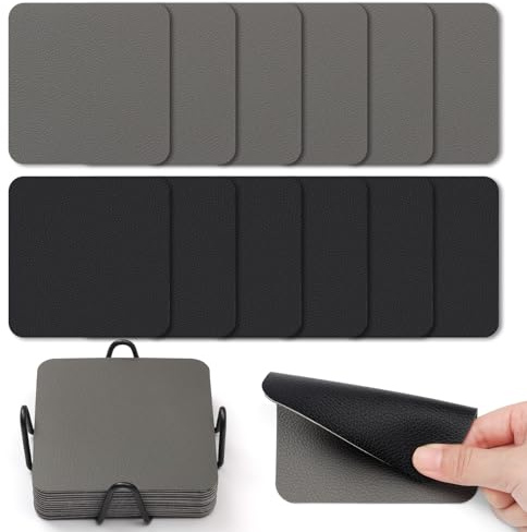 Myir JUN Coasters set of 12 Coasters with Holde Double Sided Faux Leather | Glass Coasters 4 inch Coaster Washable Non-slip Waterproof Easy to Clean(Gray Black)