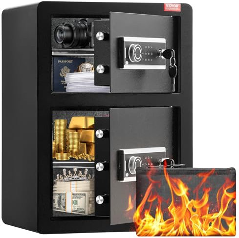 VEVOR Doppeltüriger Safe 99,1 l mit Schlüsselschloss und Passwort, Safe mit feuerfester Tasche, Schlüsselanhänger, LED-Licht, 2 abnehmbare verstellbare Trennwände für Geld Dokumente Schmuck Schwarz