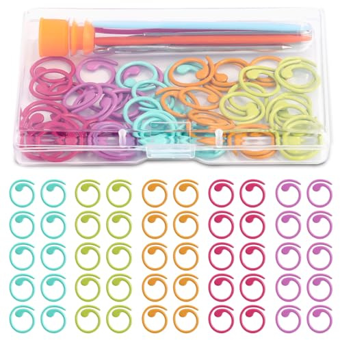 Doxiru 50 unidades de marcadores de punto de metal, 5 colores, anillo marcador de ganchillo en espiral, 9 agujas de coser con ojal grande con caja de almacenamiento para coser, tejer, ganchillo